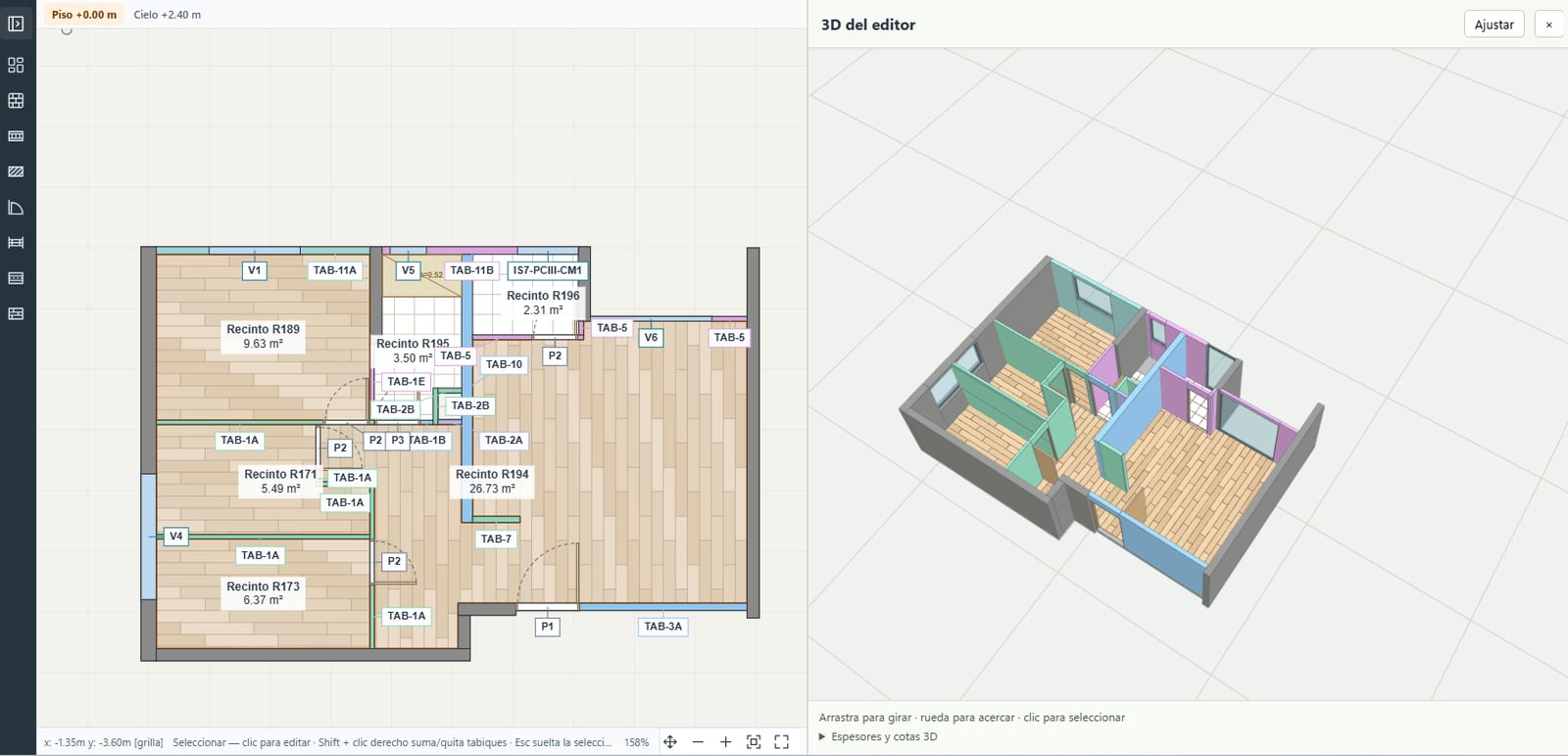 Planta con pavimentos y vista 3D en DS Modular