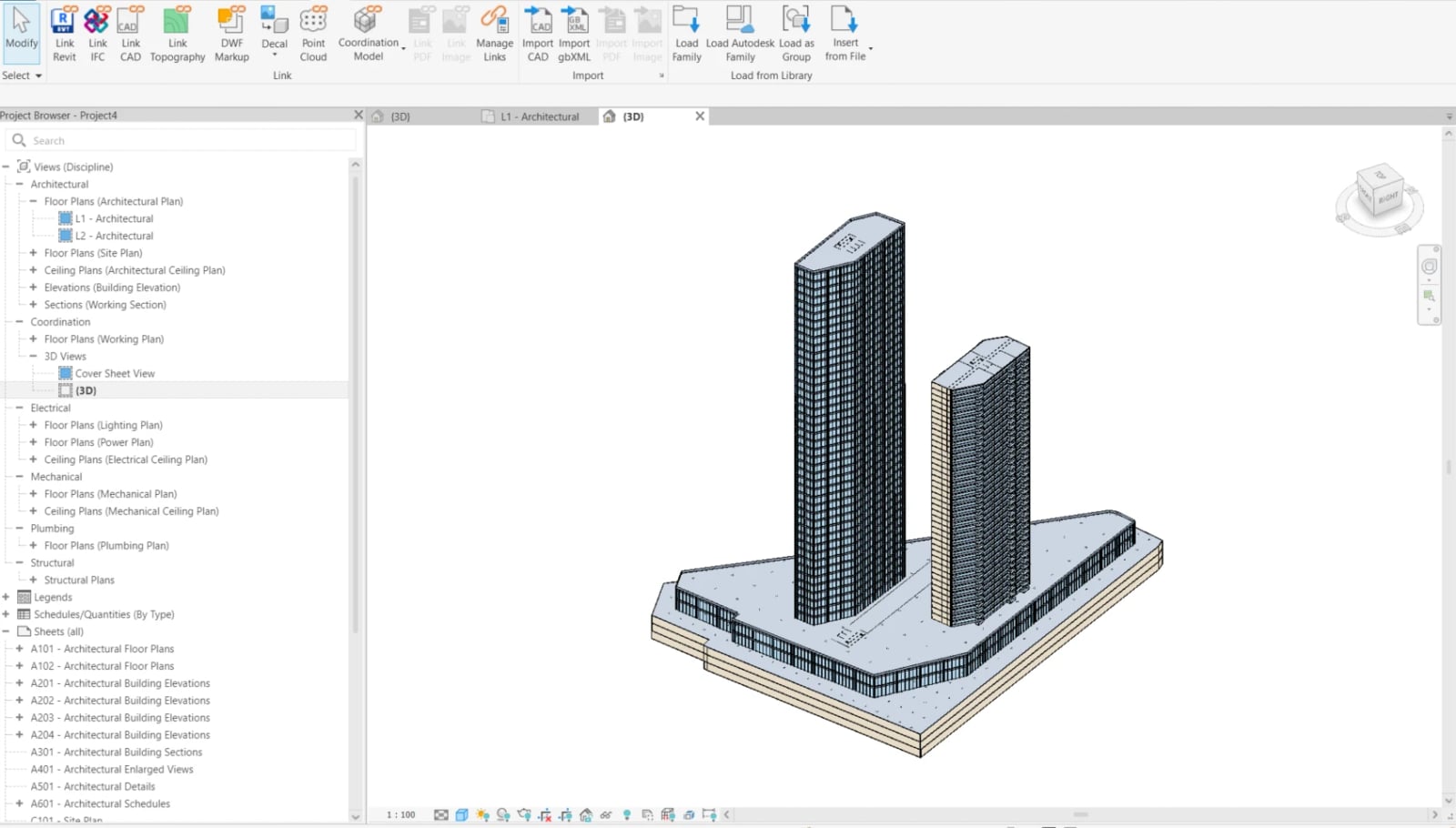 Modelo del proyecto abierto en Revit, vista 3D con las dos torres y el zócalo